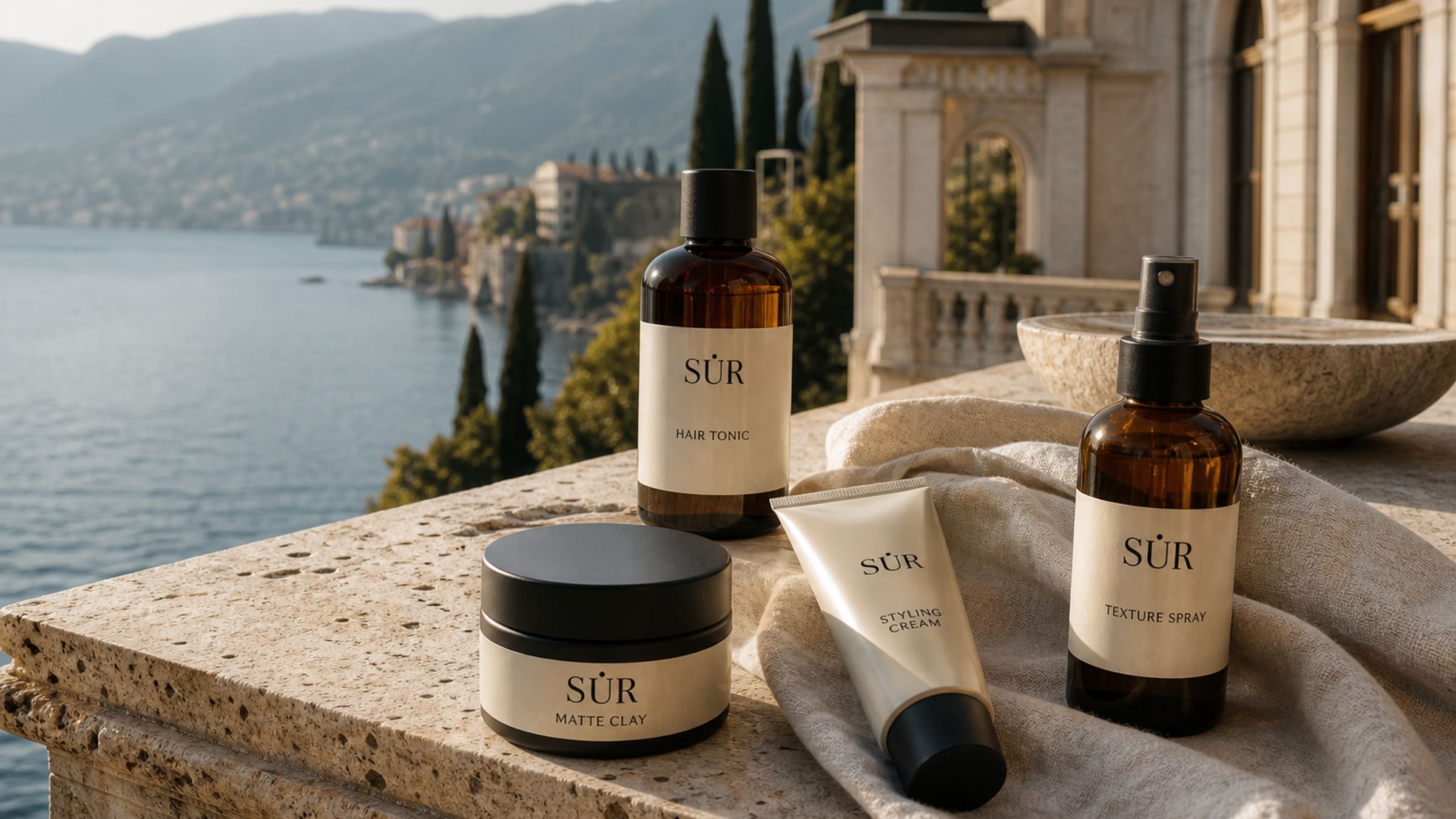 A still life of SÜR products on travertine