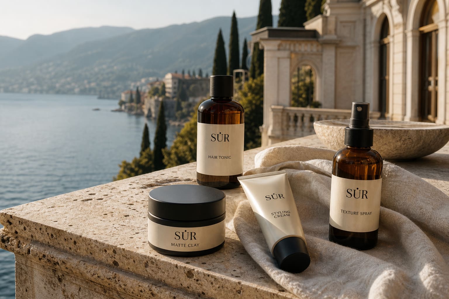 The SÜR collection arranged on travertine overlooking the Mediterranean