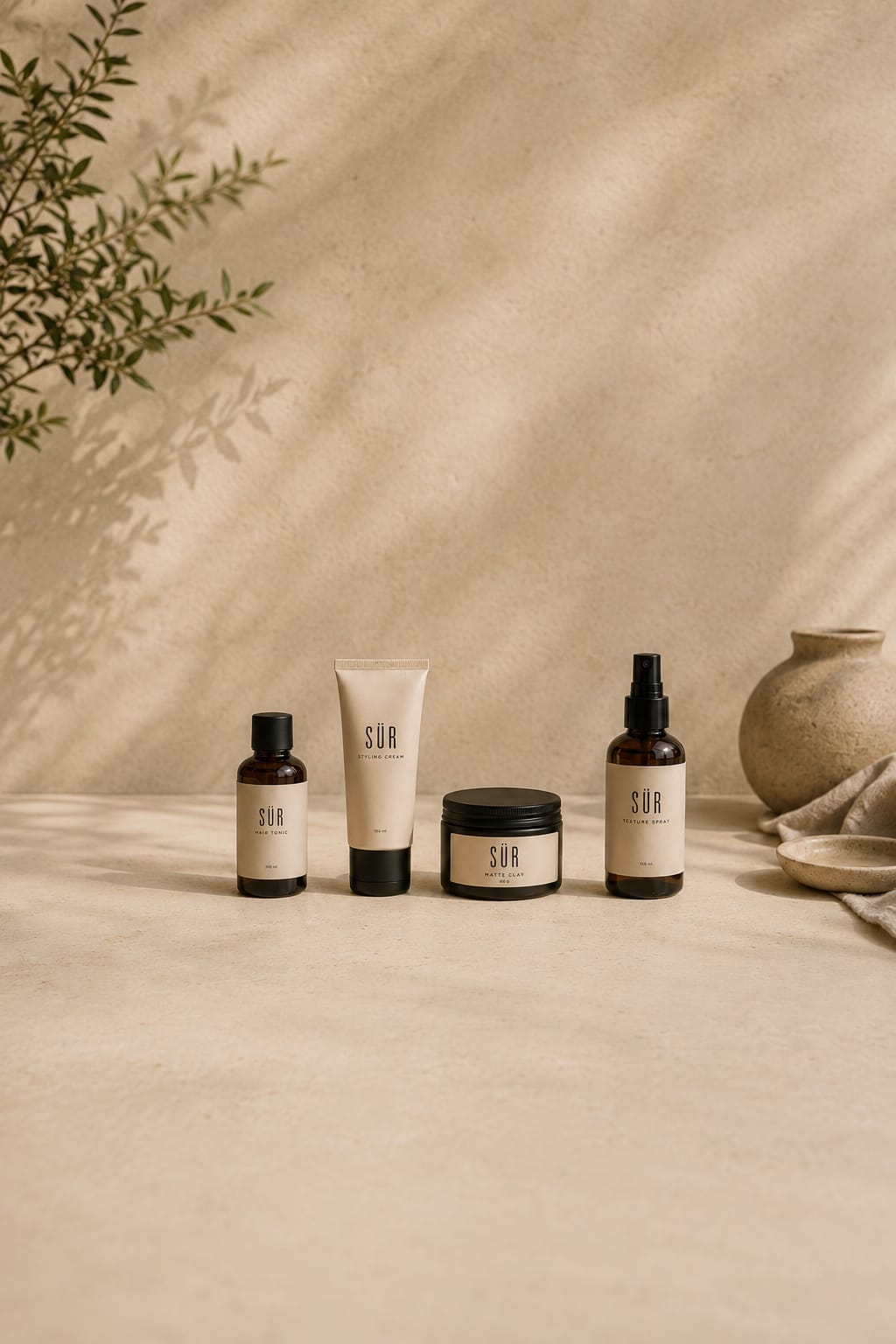 The SÜR line — texture spray, styling cream, matte clay — on travertine